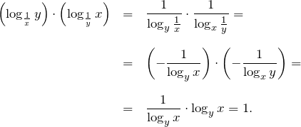 \begin{eqnarray*} \left(\log_{\frac{1}{x}}y\right)\cdot \left(\log_{\frac{1}{y}}x\right)&=&\frac{1}{\log_y\frac{1}{x}}\cdot\frac{1}{\log_x\frac{1}{y}}=\nonumber\\[0.25cm] &=&\left(-\frac{1}{\log_yx}\right)\cdot\left(-\frac{1}{\log_xy}\right)=\nonumber\\[0.25cm] &=&\frac{1}{\log_yx}\cdot\log_yx=1.\nonumber \end{eqnarray*}