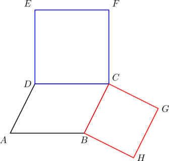 \begin{tikzpicture}[scale=1] \coordinate[label=below left:$A$] (A) at (0,0); \coordinate[label=below:$B$] (B) at (3,0); \coordinate[label=above right:$C$] (C) at (4,2); \coordinate[label=left:$D$] (D) at (1,2); \coordinate[label=above left:$E$] (E) at (1,5); \coordinate[label=above right:$F$] (F) at (4,5); \coordinate[label=right:$G$] (G) at (6,1); \coordinate[label=right:$H$] (H) at (5,-1); \draw[thick] (A)--(B)--(C)--(D)--cycle; \draw[thick,blue] (D)--(C)--(F)--(E)--cycle; \draw[thick,red] (B)--(H)--(G)--(C)--cycle; \end{tikzpicture}