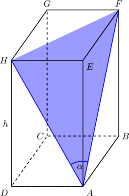 \begin{tikzpicture}[scale=1.5] \draw[fill=blue!20,blue!20] (0,3.5)--(2,0)--(3,4.9); \draw[thick,dashed] (0,0)--(2,0)--(3,1.4)--(1,1.4)--cycle (1,1.4)--(1,4.9); \draw[thick] (0,0)--(2,0)--(3,1.4); \draw[thick,shift={(0,3.5)}] (0,0)--(2,0)--(3,1.4)--(1,1.4)--cycle; \draw[thick] (0,0)--(0,3.5) (2,0)--(2,3.5) (3,1.4)--(3,4.9); \draw[blue,thick] (0,3.5)--(2,0)--(3,4.9); \foreach \x/\y/\g/\w in {0/0/{below left}/D,2/0/{below right}/A,3/1.4/right/B,1/1.4/left/C, 0/3.5/{left}/H,2/3.5/{below right}/E,3/4.9/above/F,1/4.9/above/G }   \node[\g] at (\x,\y) {$\w$}; \draw[thick,blue,shift={(2,0)}] (77:0.7) arc (77:120.5:0.7) node[black] at (99:0.55) {$\alpha$};  \node[left] at (0,1.75) {$h$}; \end{tikzpicture}