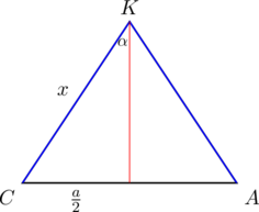 \begin{tikzpicture} \draw[thick] (0,0)--(2,3)--(4,0)--cycle; \draw[thick,blue] (0,0)--(2,3)--(4,0); \node[above left] at (1,1.5) {$x$}; \node[below] at (1,0) {$\frac{a}{2}$}; \node[below left] at (0,0) {$C$}; \node[below right] at (4,0) {$A$}; \node[above] at (2,3) {$K$}; \draw[red] (2,3)--(2,0); \node[scale=0.8] at ($(2,3)+(252:0.4)$) {$\alpha$}; \end{tikzpicture}
