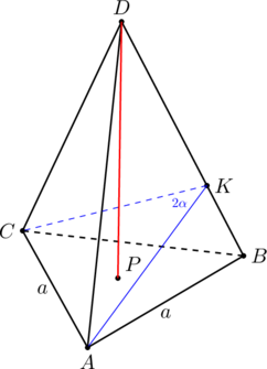 \begin{tikzpicture}[scale=1.5,rotate=4] \coordinate[label=below:$A$] (A) at (0,0); \coordinate[label=right:$B$] (B) at (2,1); \coordinate[label=left:$C$] (C) at (-0.7,1.5); \coordinate[label=above:$D$] (D) at (0.7,4); \coordinate[label=right:$K$] (K) at ($(B)!0.3!(D)$); \coordinate[label=above right:$P$] (P) at ($0.333*(A)+0.333*(B)+0.333*(C)$); \draw[thick] (C)--(A)--(B) (A)--(D)--(B) (D)--(C); \draw[thick,dashed] (B)--(C); \foreach \p in {A,B,C,D,K,P}    \draw[fill=black] (\p) circle (0.8pt); \node[scale=0.65,blue] at ($(K)+(208:0.4)$) {$2\alpha$}; \draw[blue] (K)--(A); \draw[blue,dashed] (K)--(C); \draw (B)--(A) node[below,midway] {$a$}; \draw (C)--(A) node[left,midway] {$a$}; \draw[thick,red] (D)--(P); \end{tikzpicture}